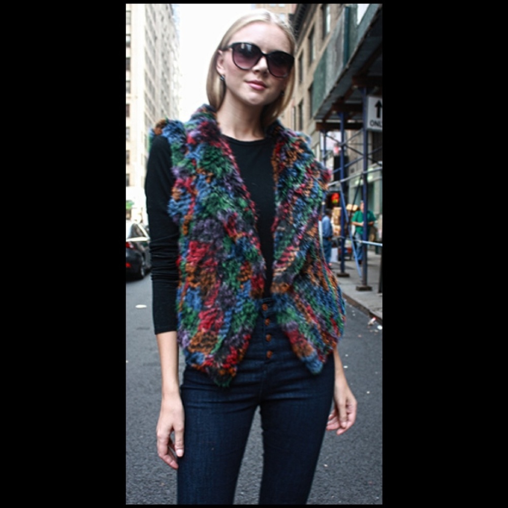Multi Colored Knit Rabbit Fur Vest - Picture 2 of 8
